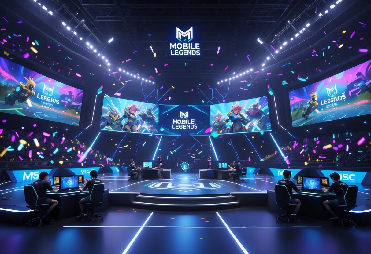 A crowded esports arena with two teams playing Mobile Legends on a central stage, surrounded by large screens showing game action and a cheering audience.
