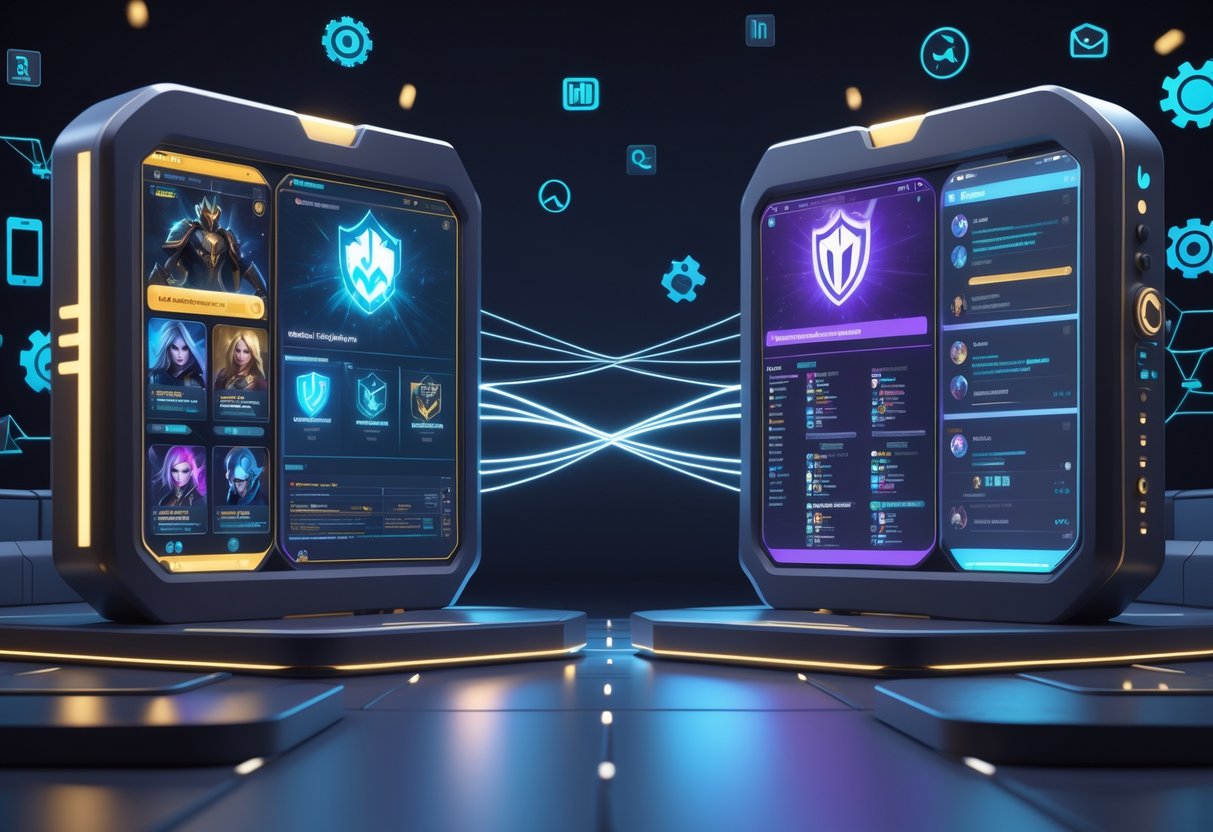 A 3D scene showing two futuristic developer centres connected by a glowing digital bridge, representing support and updates for two mobile games.