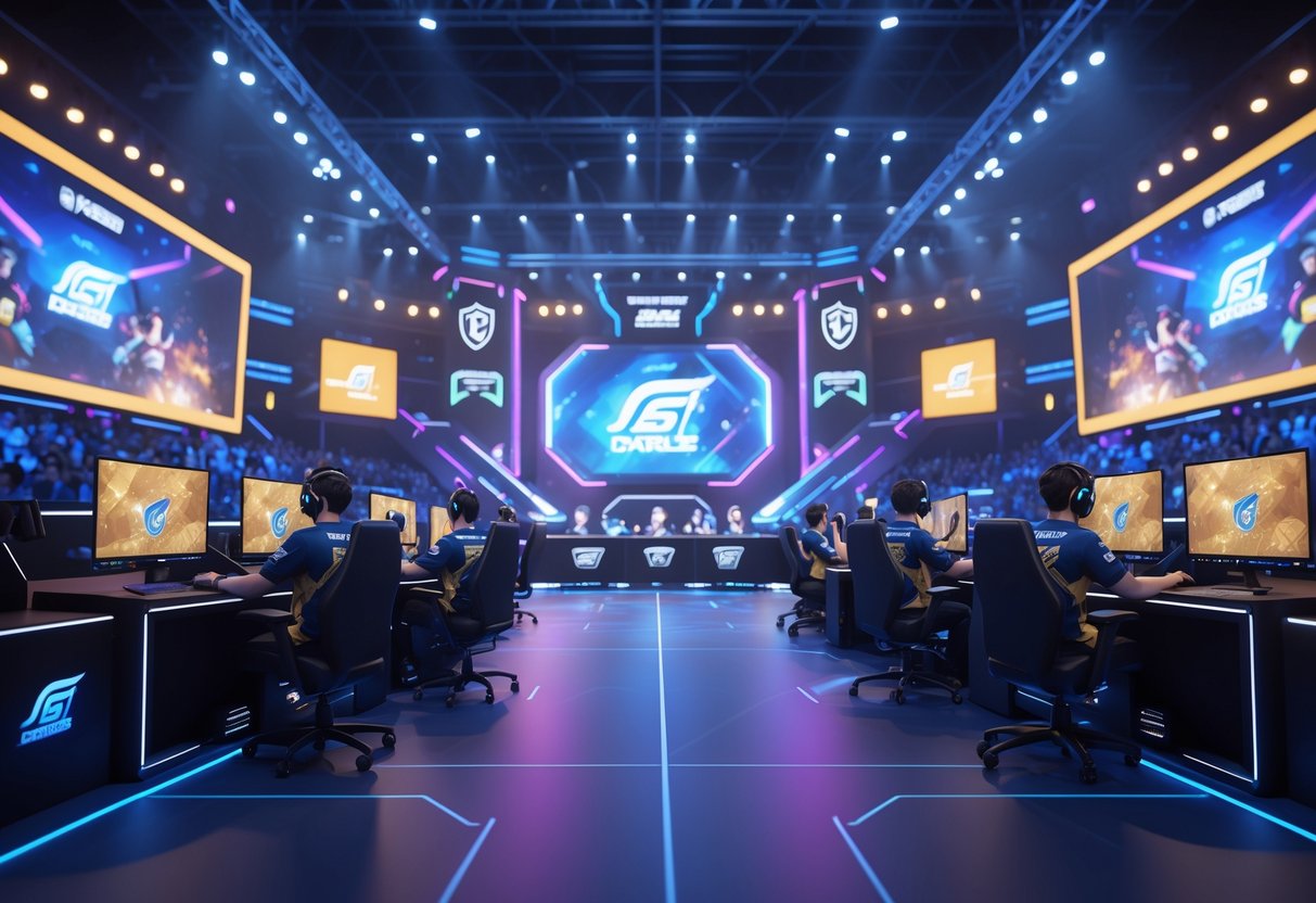 An esports arena with teams playing Mobile Legends Bang Bang on stage, surrounded by colourful lights and a cheering audience.