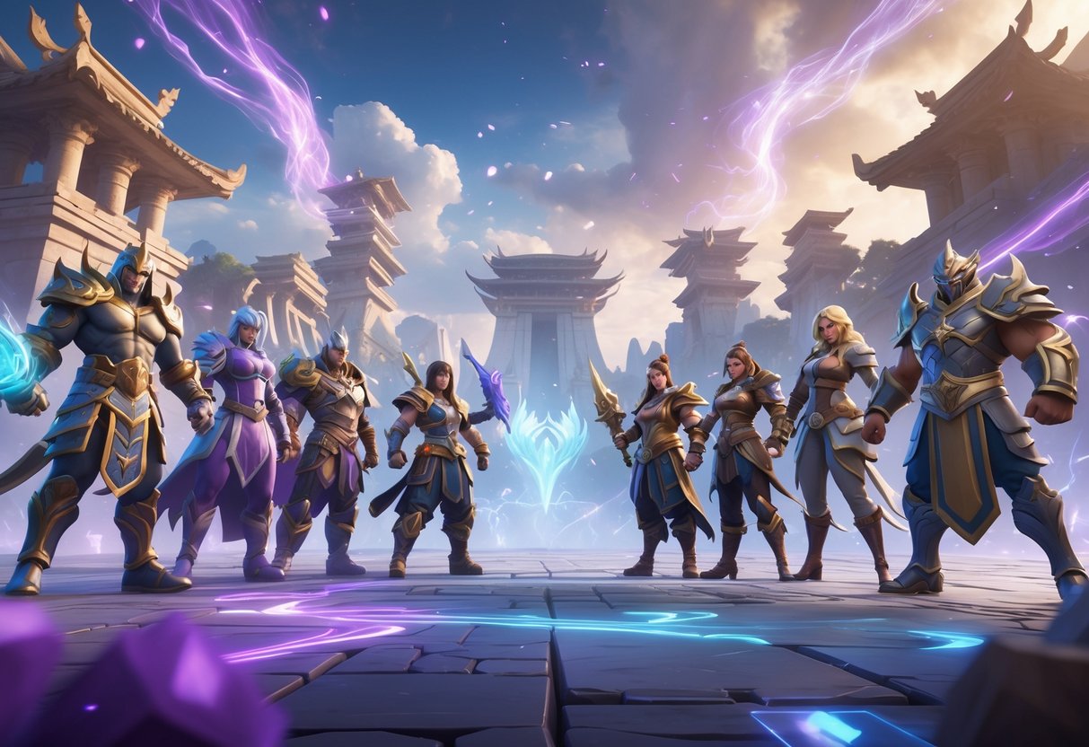 A detailed scene showing heroes from two mobile games facing each other in a vibrant fantasy arena, ready for battle.