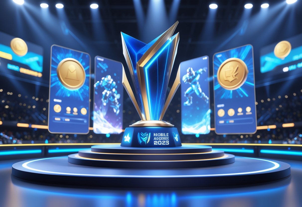 A futuristic esports stage with a glowing trophy and holographic gaming elements surrounded by cheering crowd silhouettes and colourful lights.