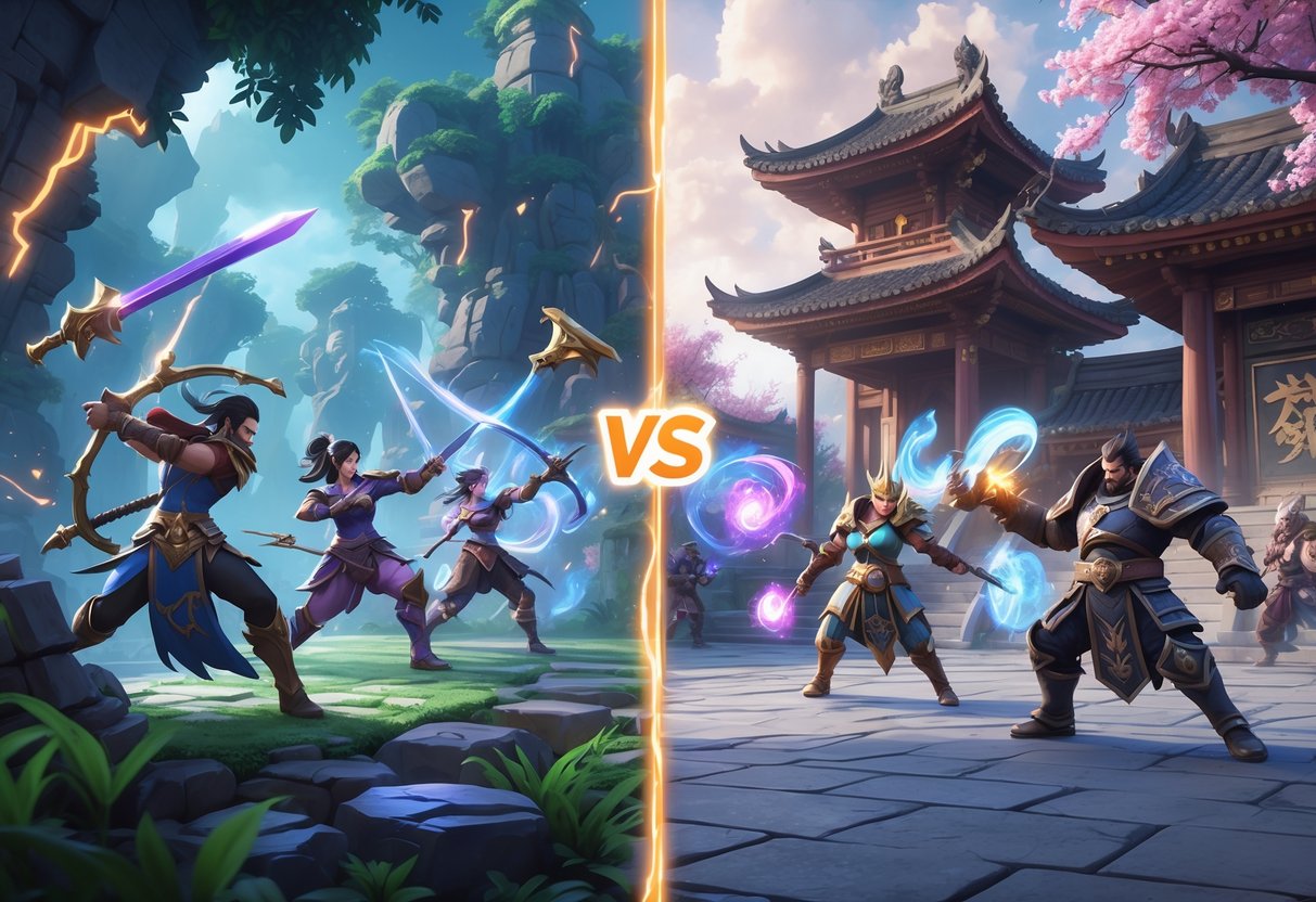 Two fantasy battle arenas side by side with heroes in combat poses, one with jungle ruins and the other with an ornate temple and cherry blossom trees.