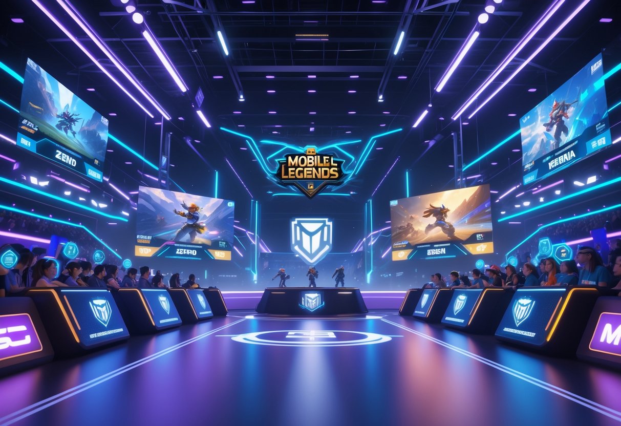 A lively esports arena with fans watching a Mobile Legends tournament on large screens and players competing on a central stage.