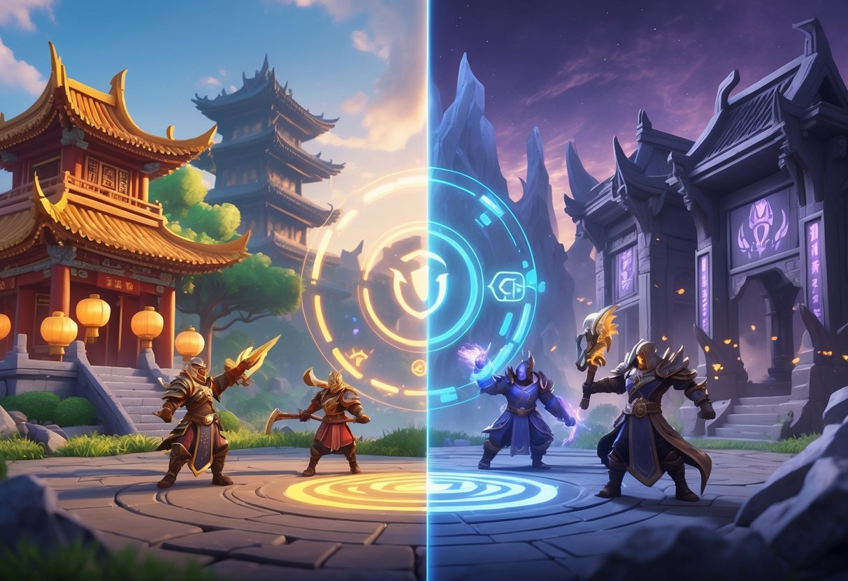 Two distinct mobile game battle arenas side by side with characters in combat, showing different fantasy worlds and environments.