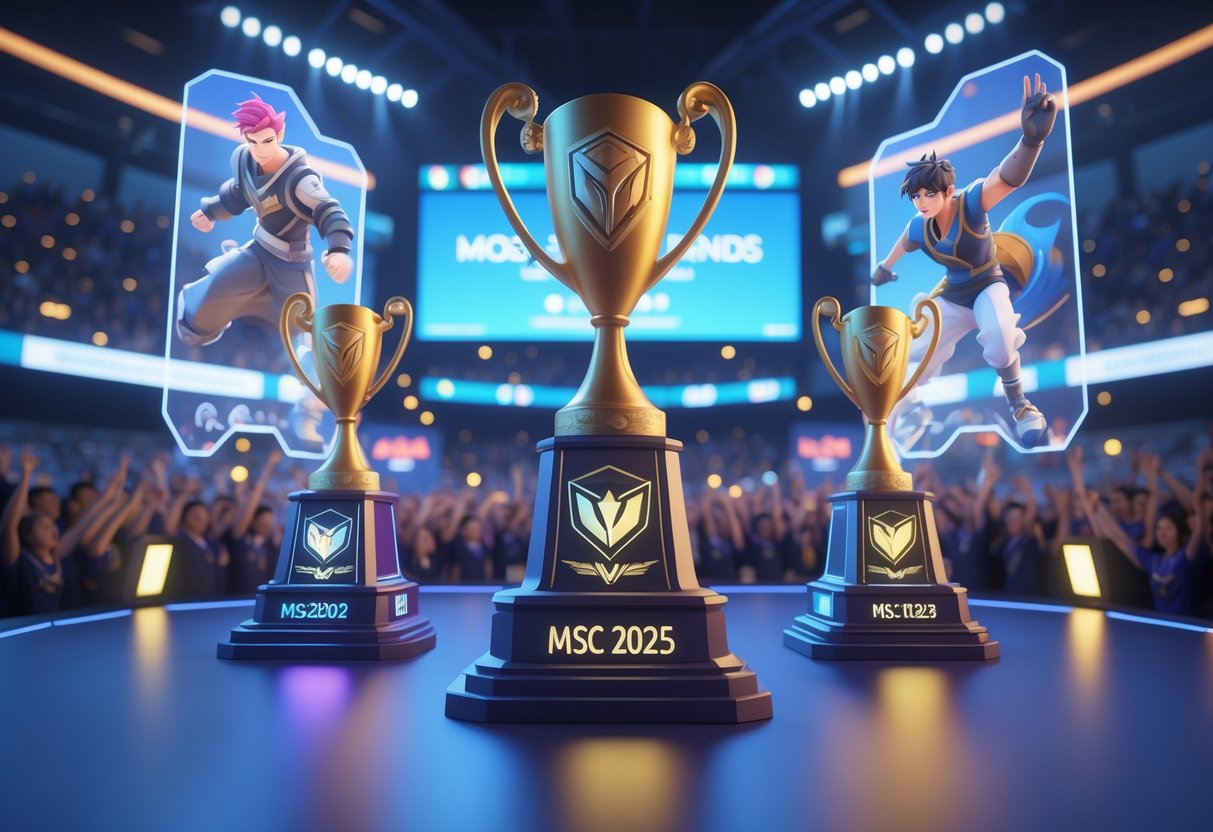 A 3D scene of an esports arena with trophies and holographic Mobile Legends characters, celebrating past champions and highlights of a gaming championship.