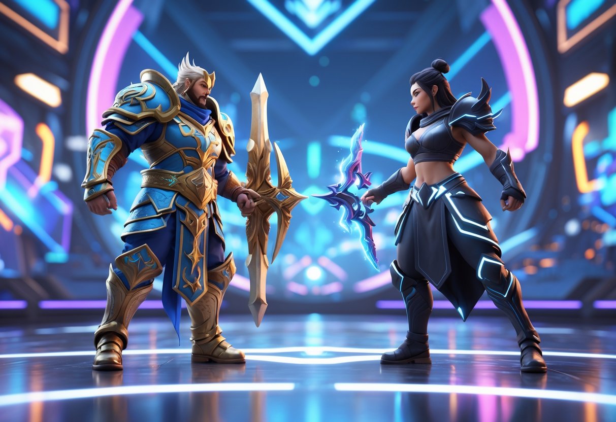 Two mobile game characters from Honor of Kings and League of Legends Mobile face each other on a futuristic battlefield.