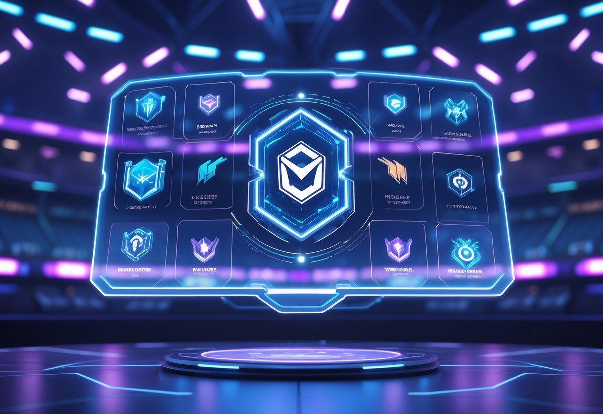 A futuristic digital interface displaying holographic icons and symbols related to Mobile Legends esports in a vibrant arena setting.