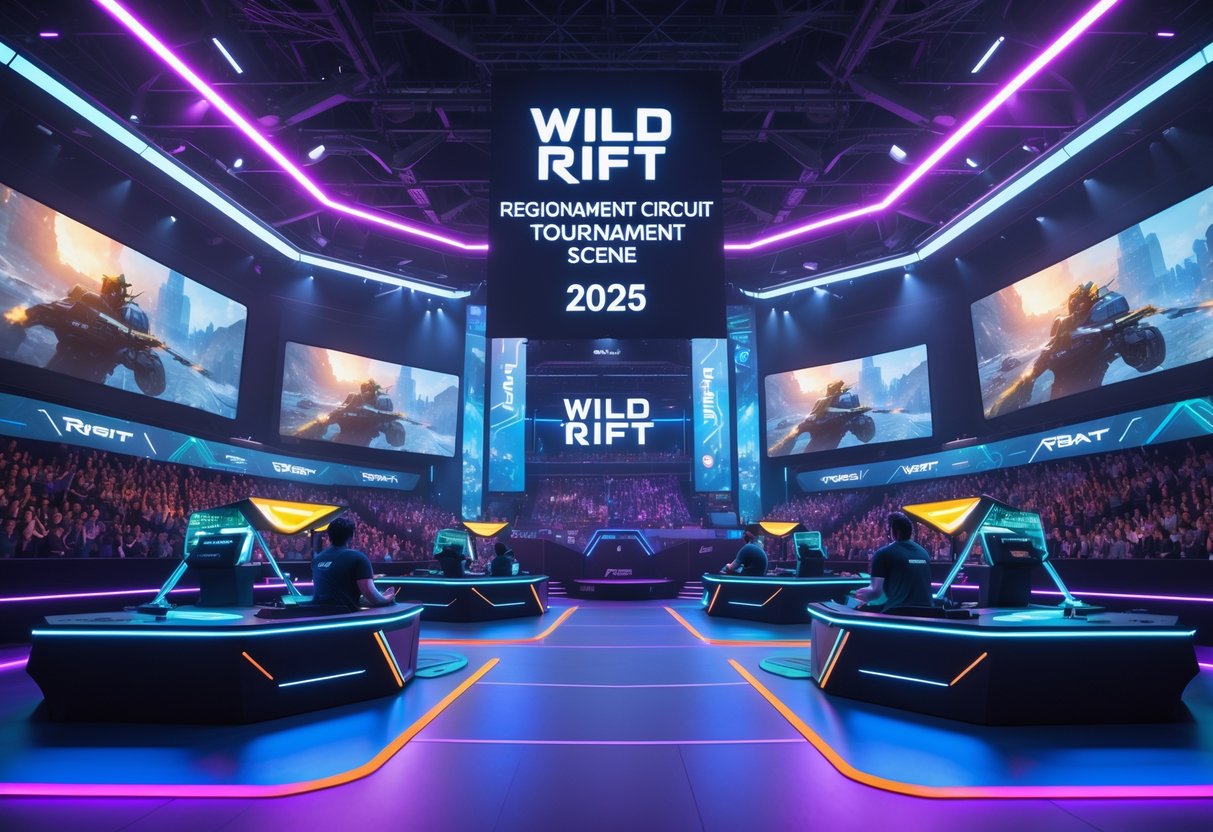 A busy esports arena with two teams competing in a Wild Rift tournament, surrounded by a lively crowd and large screens showing gameplay.