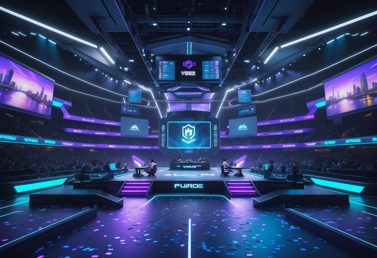 A large esports arena filled with spectators watching professional gamers compete on a futuristic stage with vibrant lighting and digital displays.