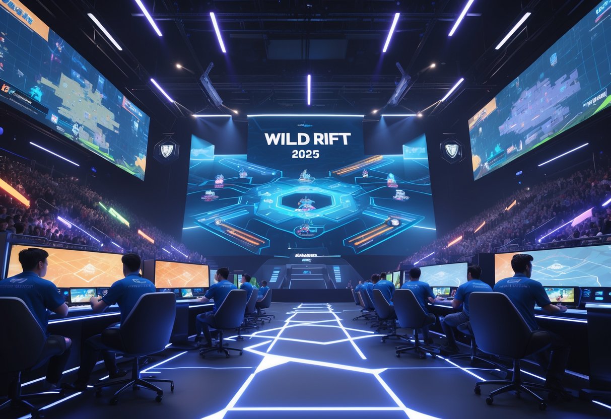 A futuristic esports tournament arena with players at gaming stations and a cheering crowd in the background.