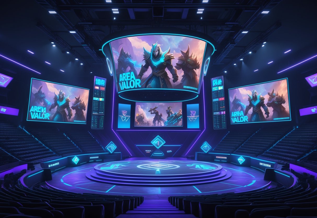 A futuristic esports arena with a large stage and empty seats, showing holographic characters from a fantasy battle game and dim lighting to represent a declining competitive scene.