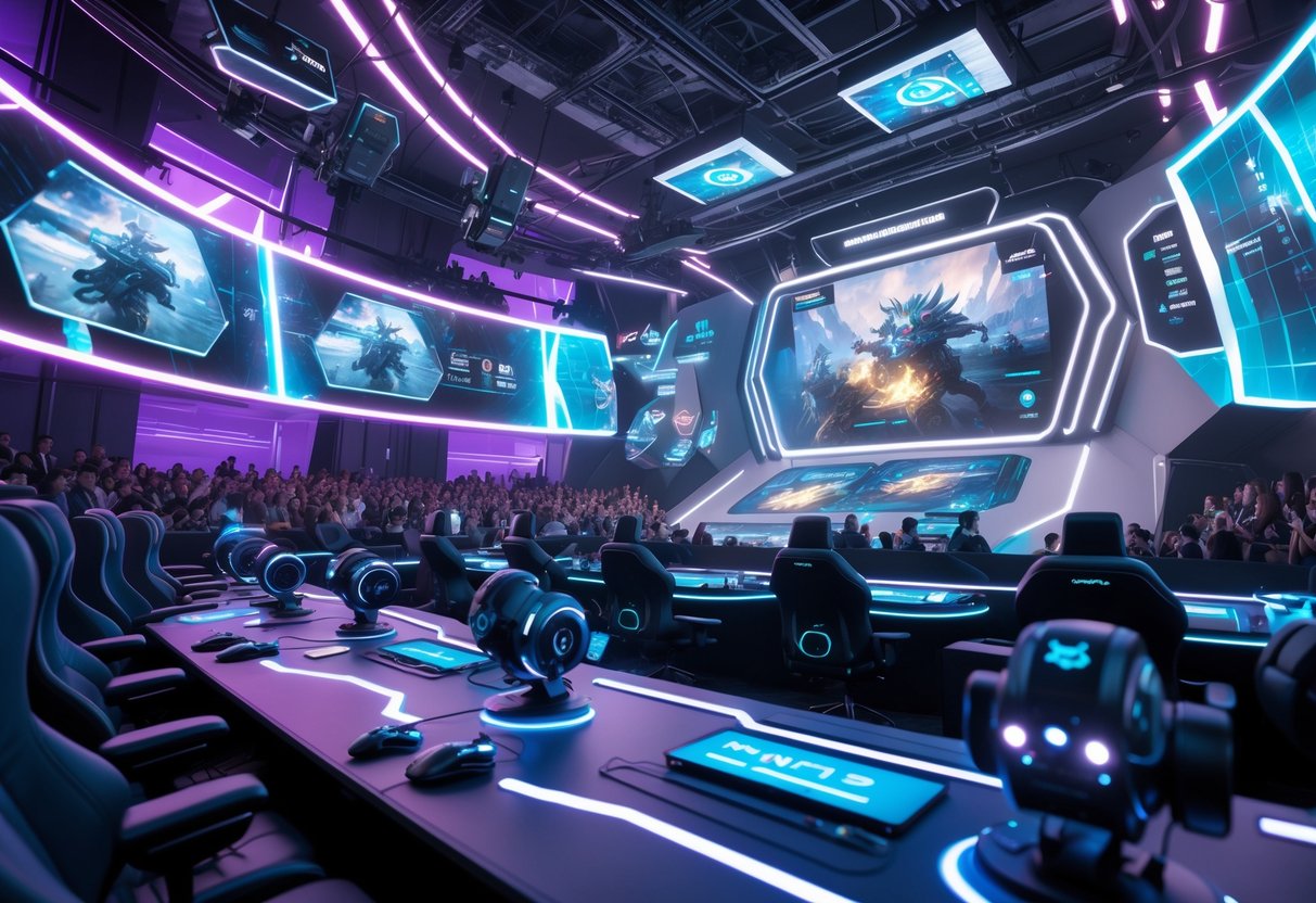 A futuristic esports arena with players competing in a Wild Rift tournament surrounded by large screens, holographic displays, and a crowd of spectators.