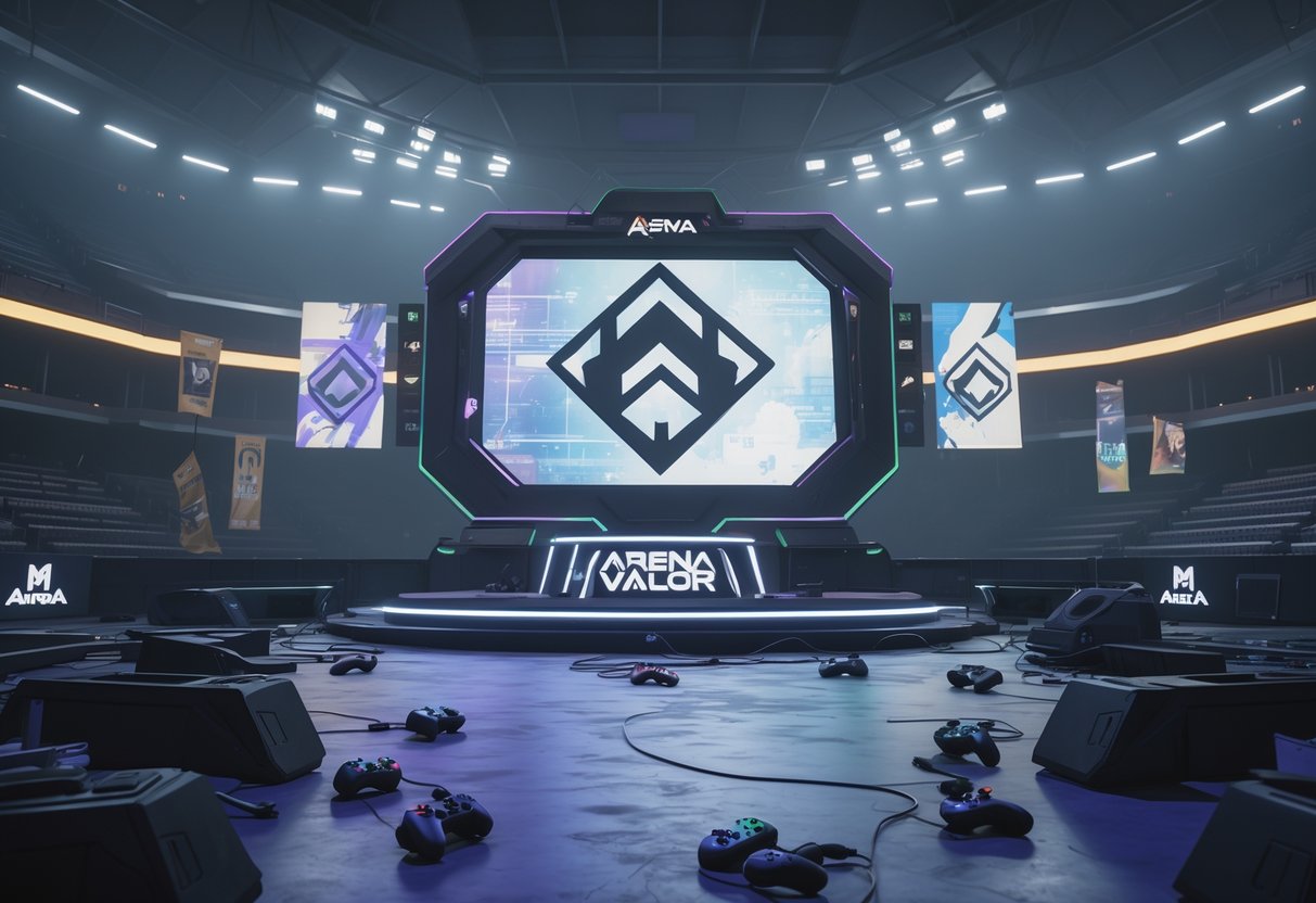 An empty esports arena with dim lights, abandoned gaming setups, and faded banners, showing signs of decline in a competitive gaming event.