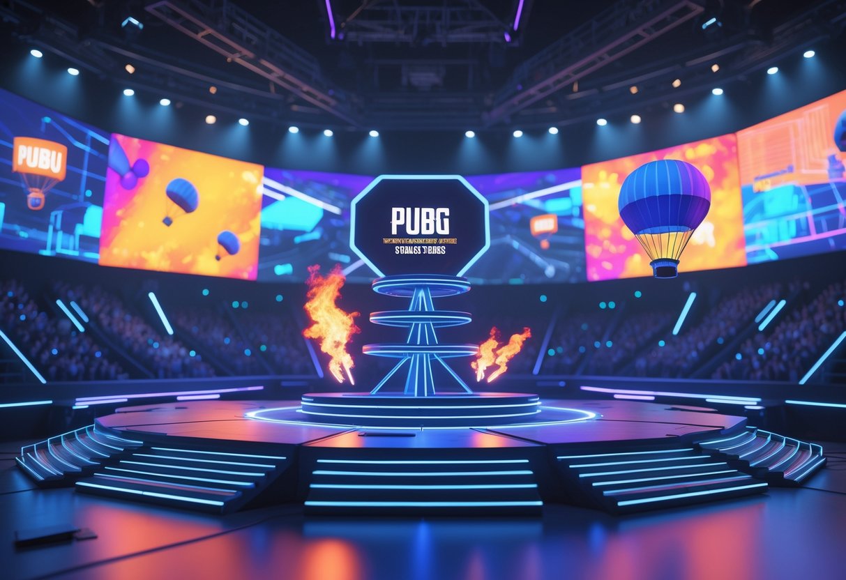 A 3D rendering of a futuristic esports tournament stage with large screens, glowing bracket structure, and a virtual crowd in a stadium.