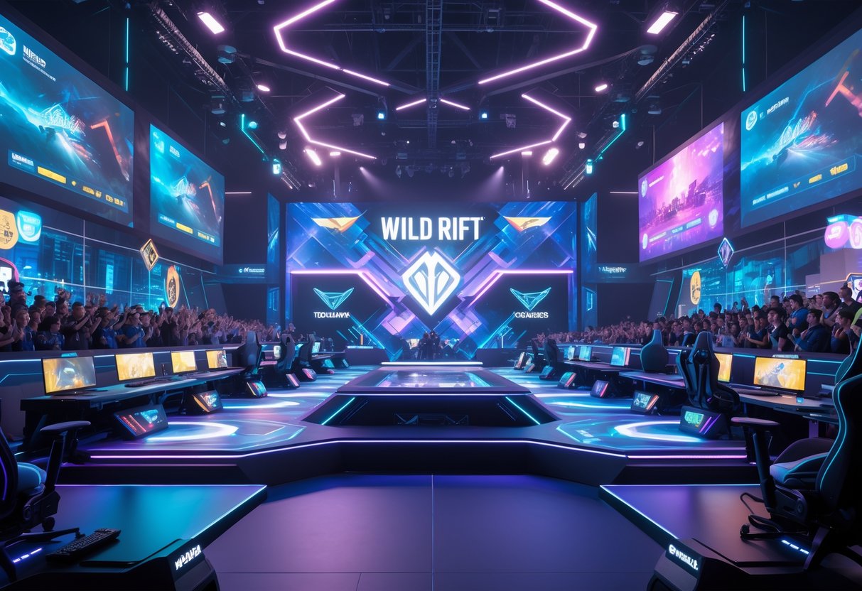 A Wild Rift tournament scene in 2025 showing players competing on stage with an excited audience and futuristic gaming equipment in a large esports arena.
