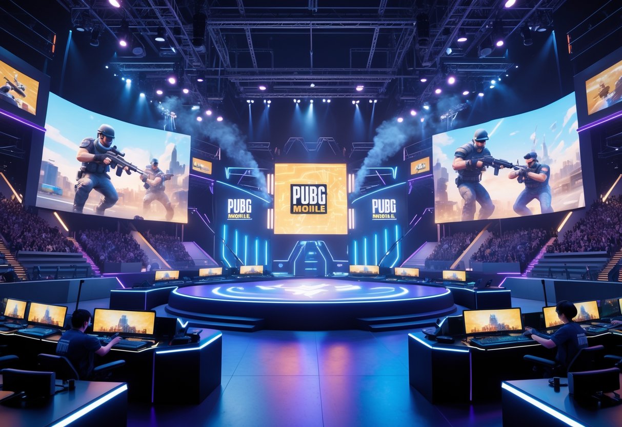 A large esports arena with a central stage, gaming stations, and a virtual crowd watching an intense PUBG Mobile championship event.