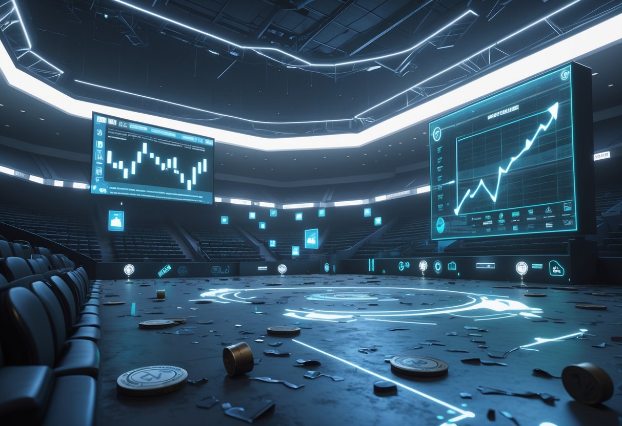 A large esports stadium with empty seats and flickering lights, showing holographic charts with downward trends and scattered virtual trophies, representing the decline of a competitive gaming scene.