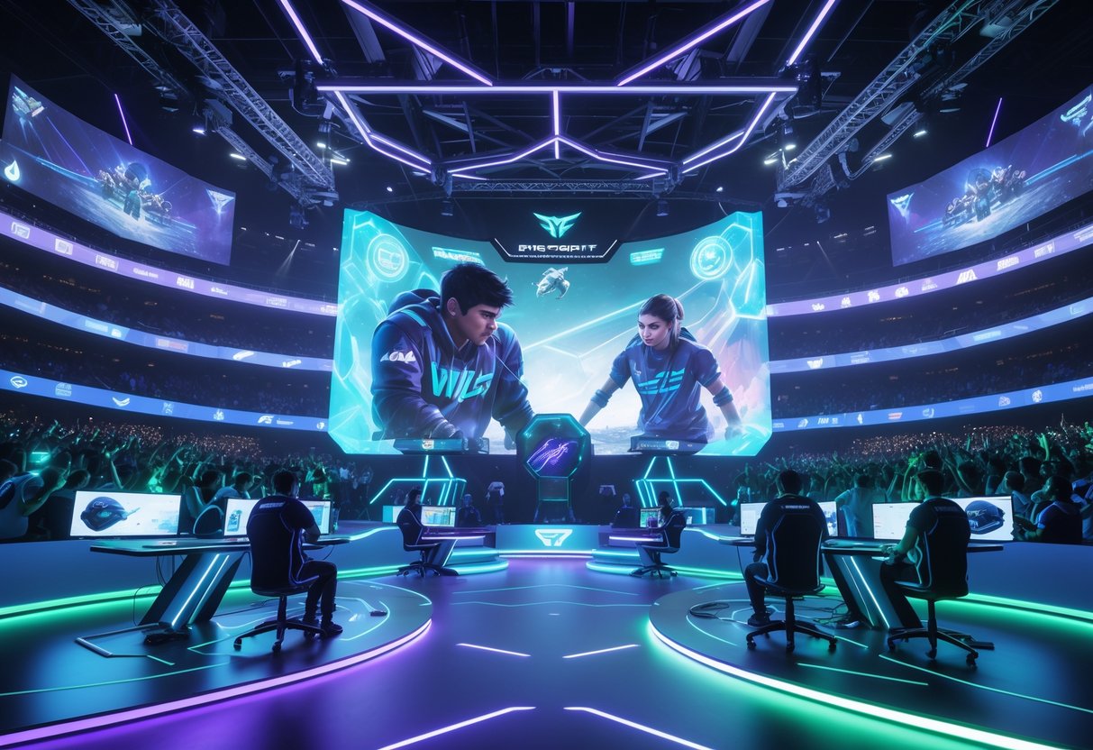 A futuristic esports arena with two teams competing on stage, surrounded by a cheering crowd and holographic game visuals.