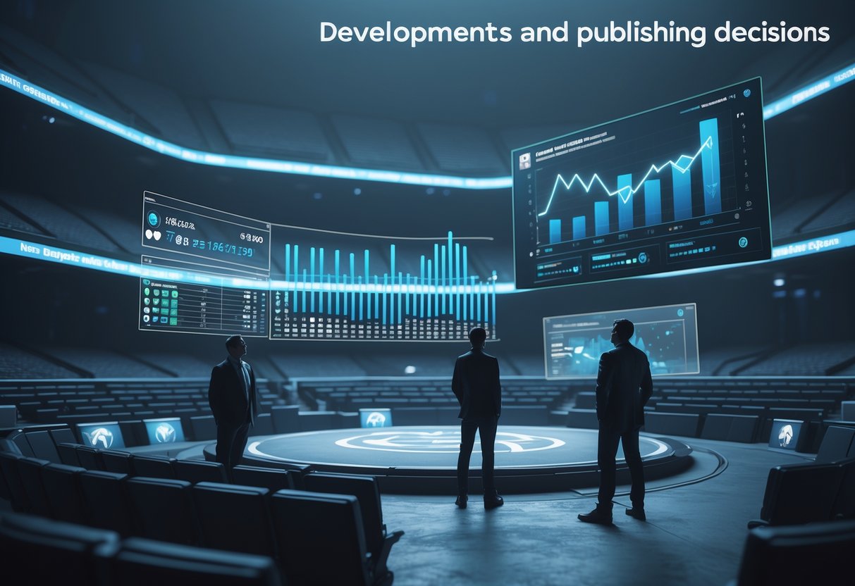 An empty esports arena with a digital scoreboard showing declining player rankings and viewer numbers, holographic charts displaying downward trends, and figures representing developers and publishers looking concerned.