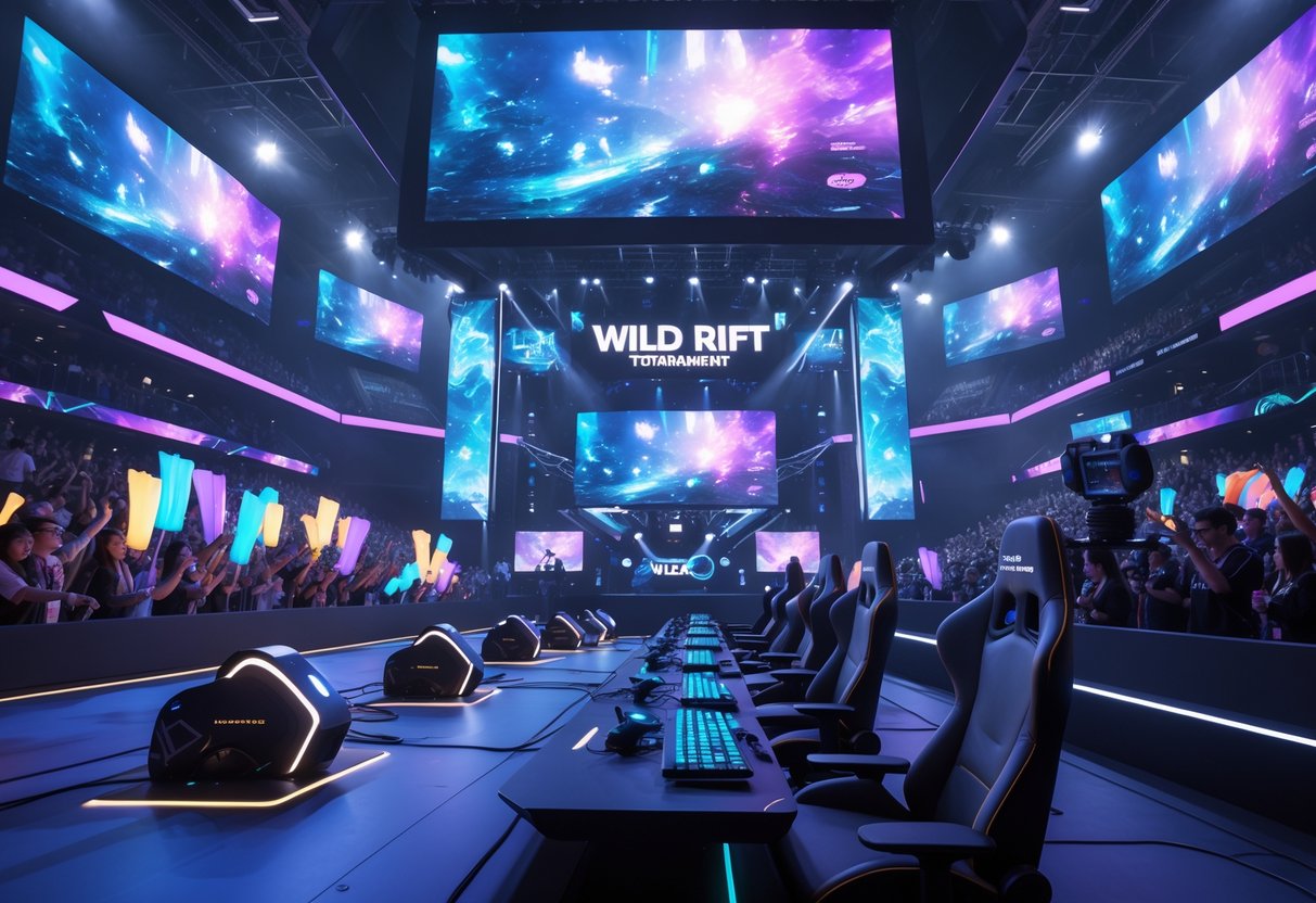 A large esports arena filled with players competing on stage and an engaged audience watching a Wild Rift tournament.