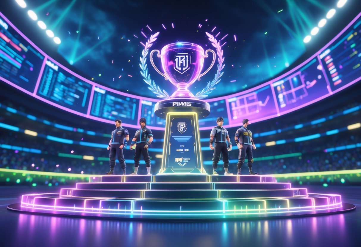 3D scene of a futuristic esports arena with a glowing trophy on a podium surrounded by team avatars and digital effects, with a stadium and cheering crowd in the background.
