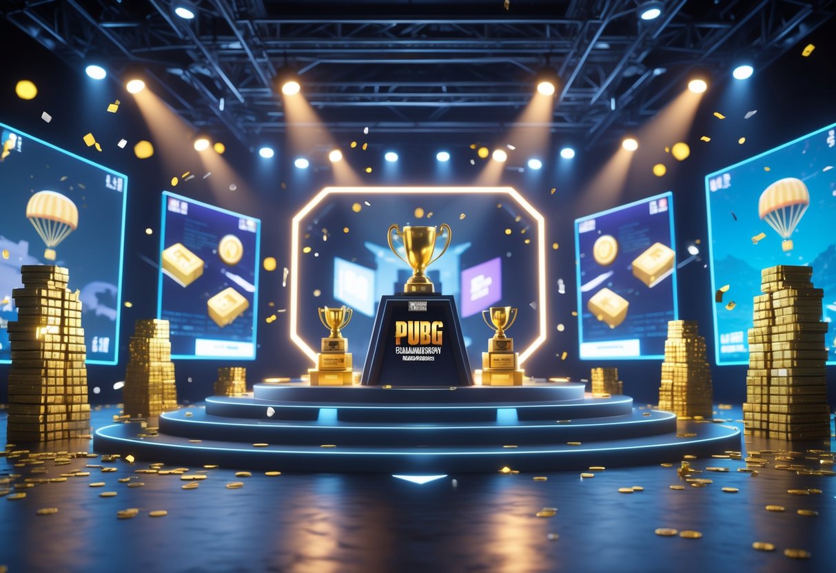A 3D scene of an esports arena with trophies, floating gold coins, and screens showing PUBG Mobile game elements, creating a celebratory atmosphere.