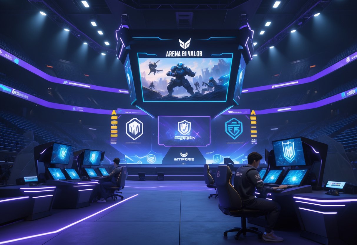 A futuristic esports arena with empty seats, concerned players at gaming stations, and digital displays showing a declining competitive scene.