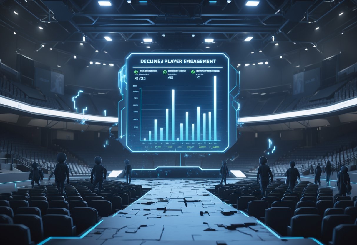 An empty esports arena with a flickering scoreboard showing falling player stats and fading digital avatars walking away.