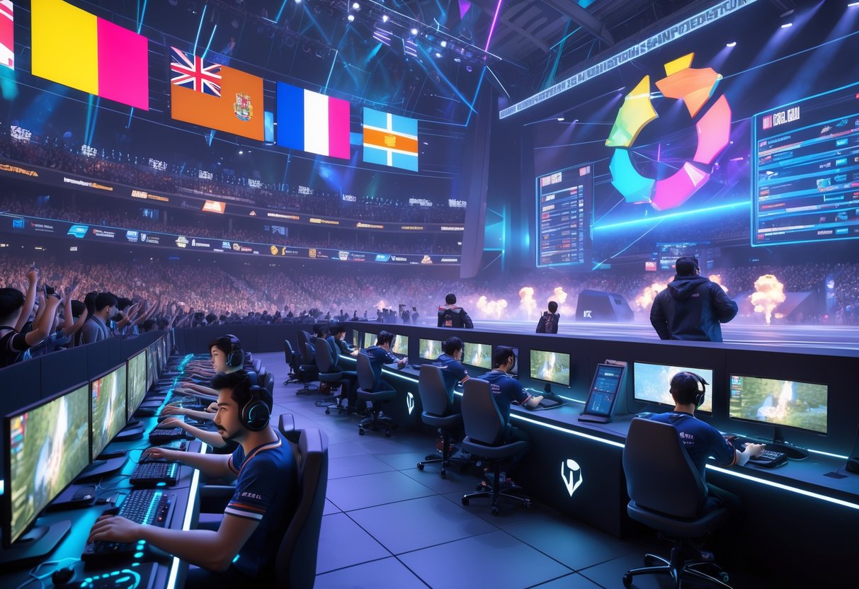 A vibrant esports stadium filled with cheering crowds and professional gamers competing in a global PUBG Mobile championship event.