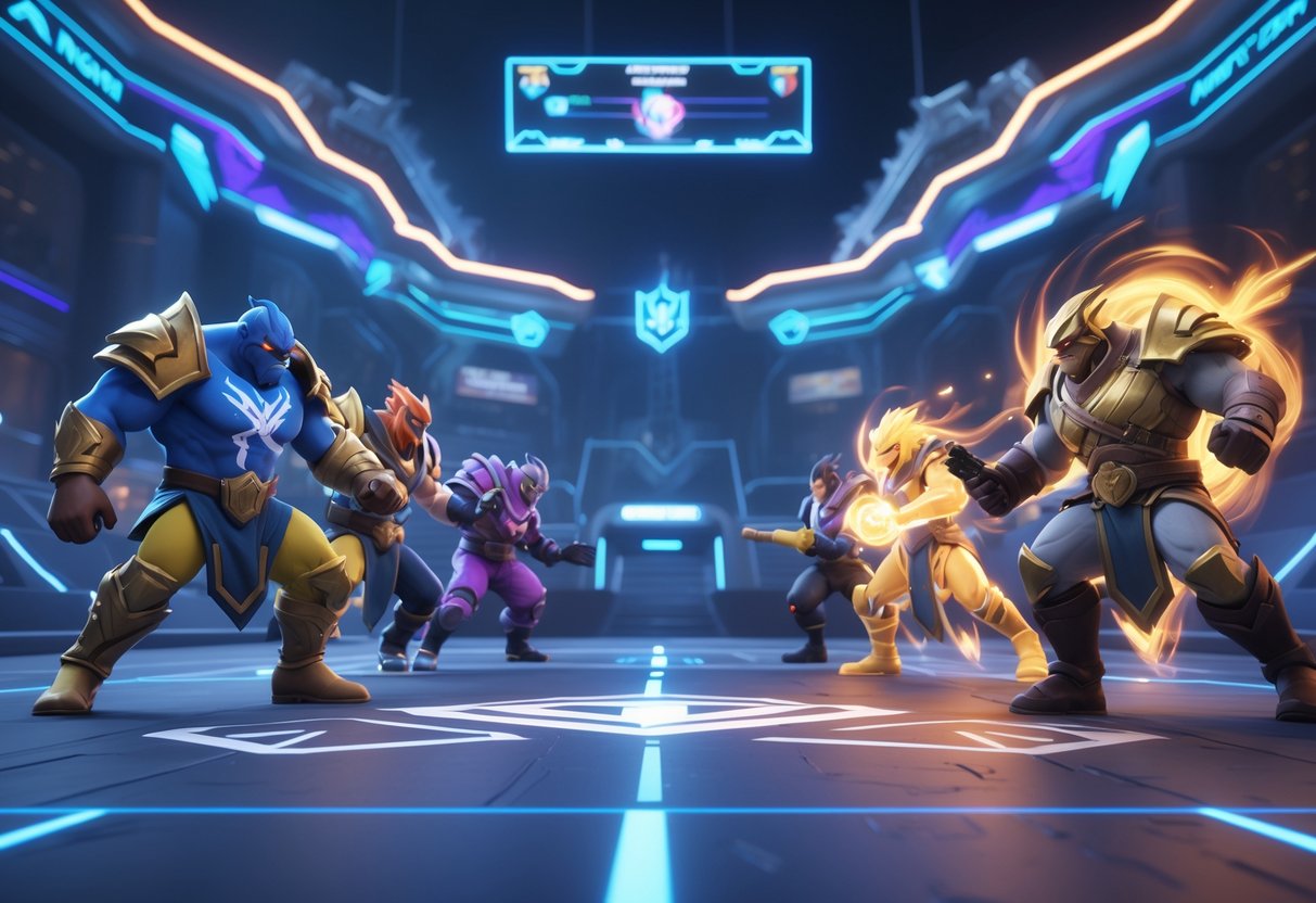 A 3D scene showing two teams in a MOBA game arena, one team looking weaker and fading while the other appears strong and vibrant, highlighting a competitive match.