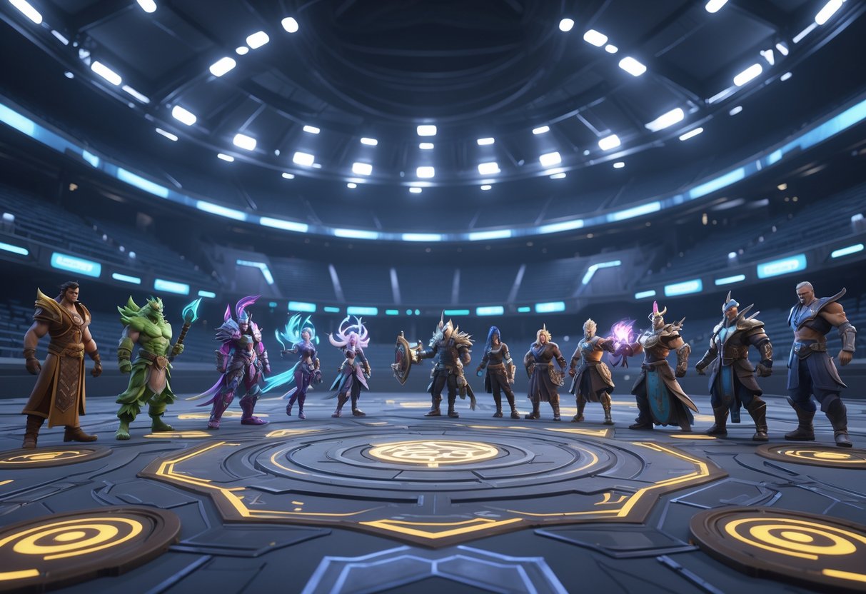 A large empty gaming arena with diverse fantasy heroes standing ready for battle on a glowing battlefield.