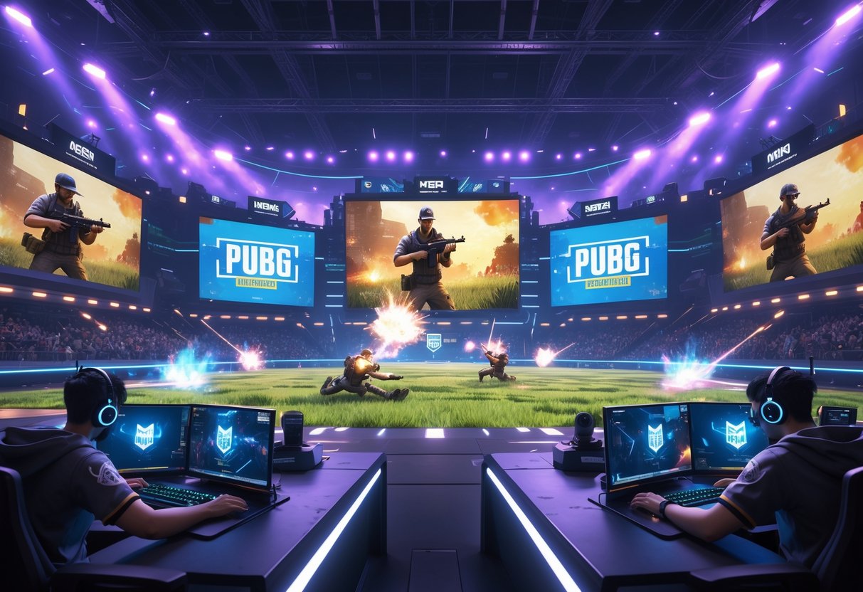 A large esports arena filled with spectators watching professional players compete in a virtual battle from PUBG Mobile, with detailed game characters and vibrant lighting effects.