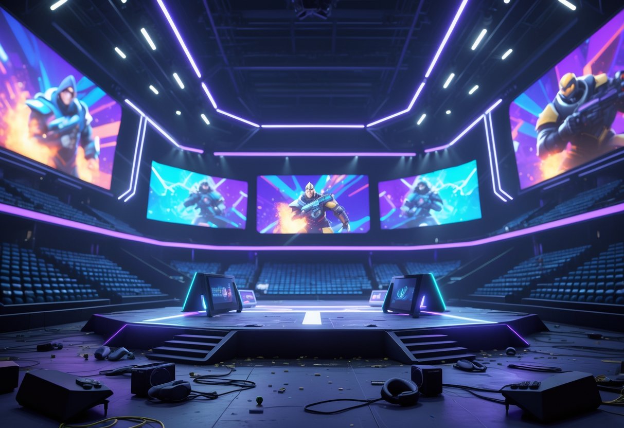 An empty futuristic esports arena with glowing screens and an abandoned gaming stage, showing a quiet and fading competitive scene.