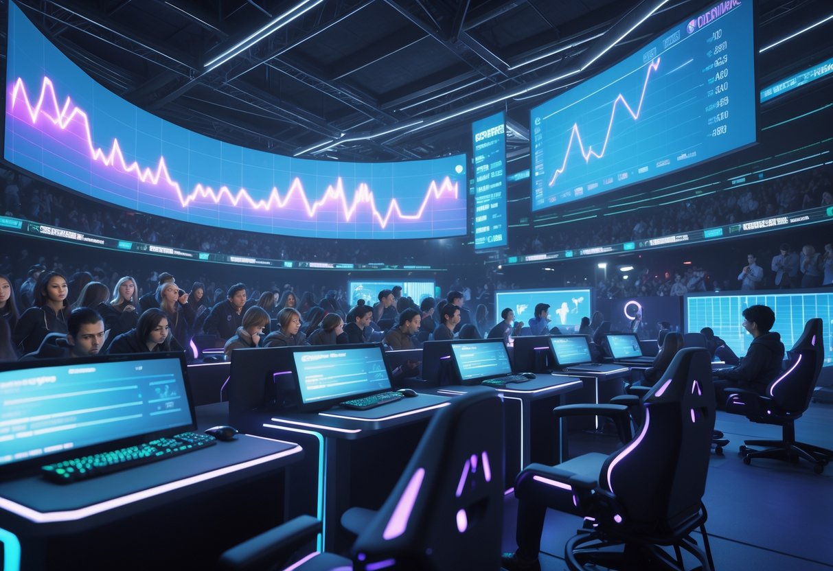 An esports arena with players at gaming stations and large screens showing declining rankings, with a crowd watching.