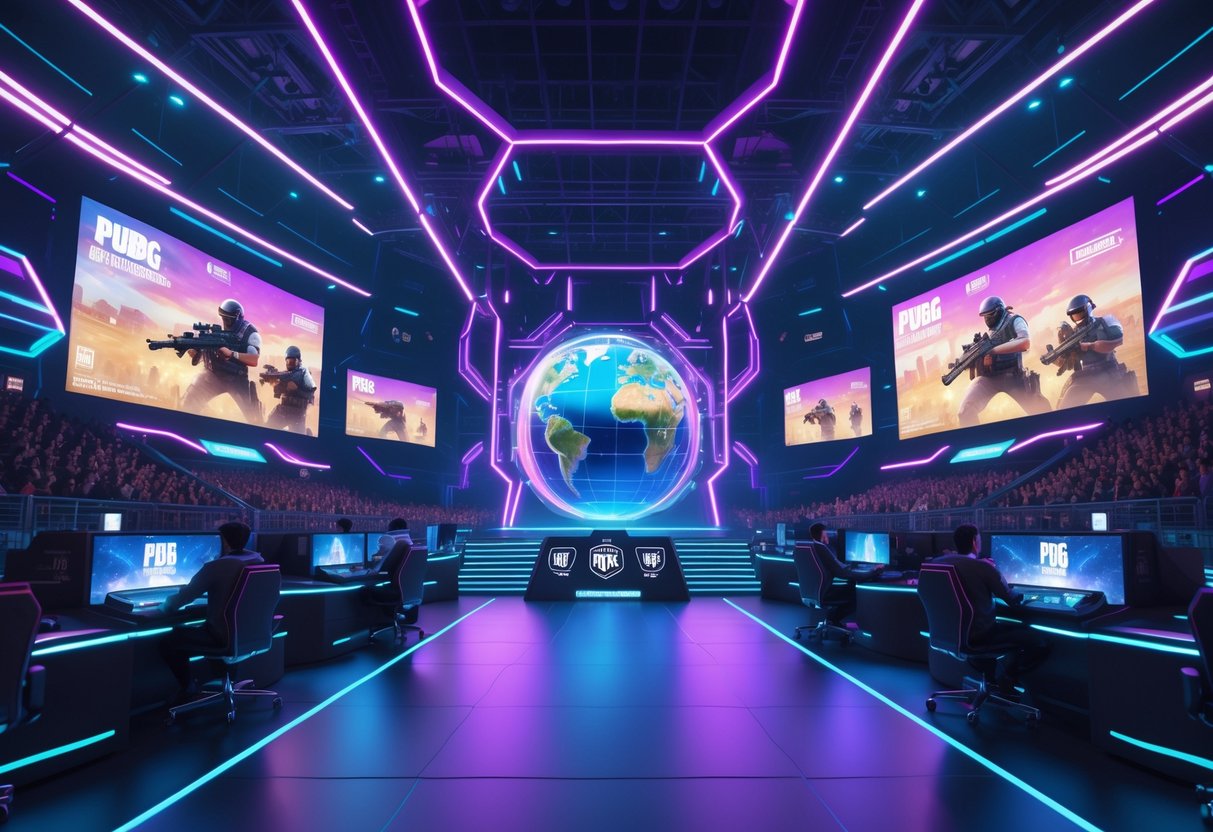 A 3D scene of an esports arena with players competing in a PUBG Mobile championship, surrounded by digital screens and an enthusiastic audience.