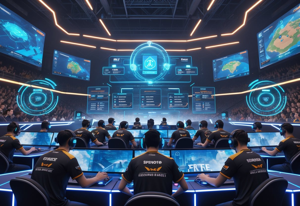A 3D scene of professional gaming teams preparing in a futuristic esports arena with holographic tournament displays and a crowd watching.