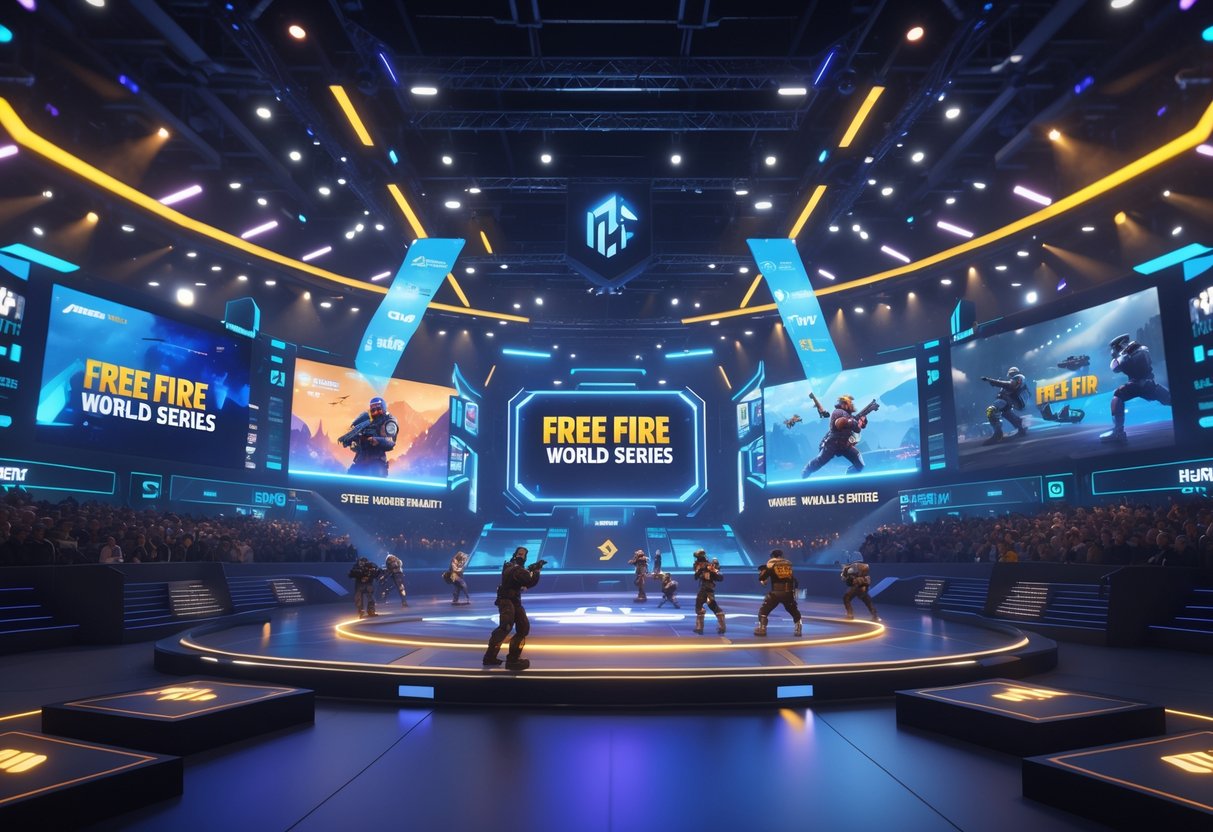 A 3D scene of an esports arena with players competing, cheering crowds, and holographic displays representing the history and impact of the Free Fire World Series.
