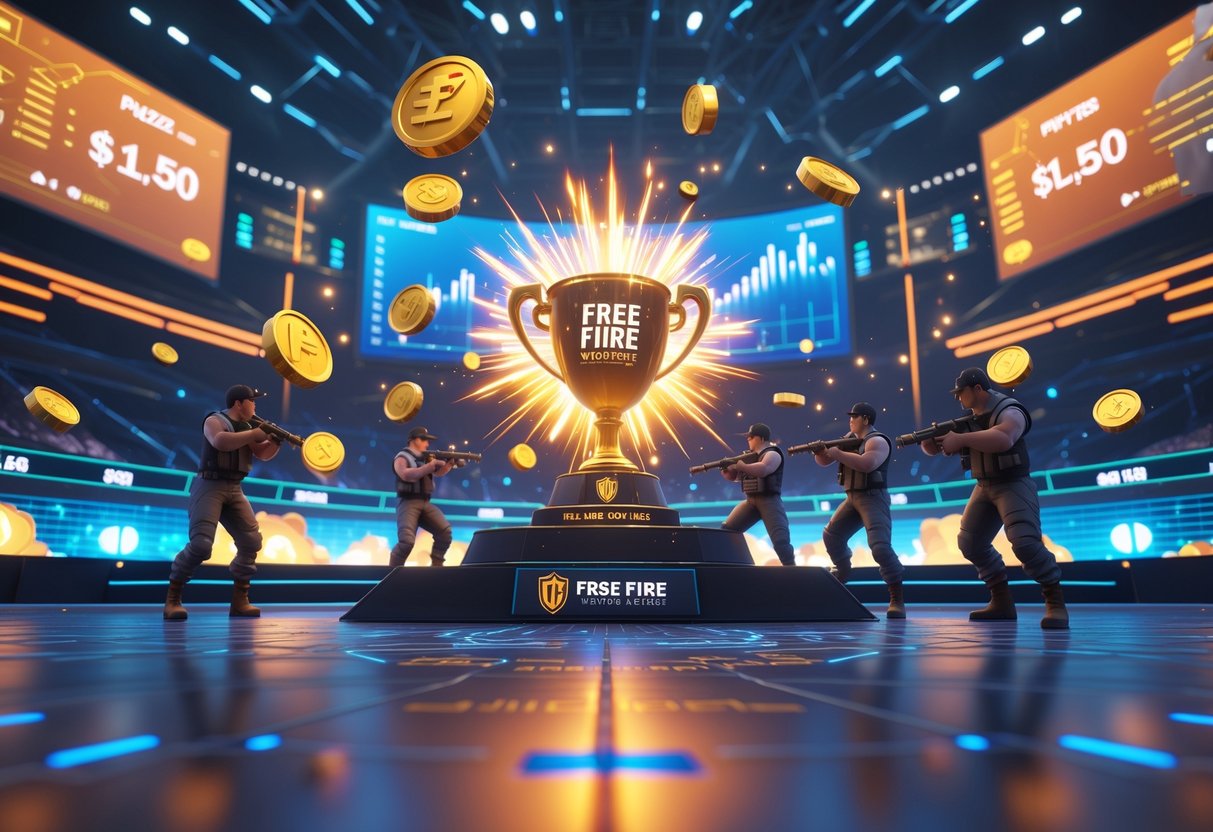 A 3D scene showing a futuristic esports stadium with a glowing trophy, floating gold coins, and virtual players in tactical gear, symbolising a gaming tournament's prize pools and rewards.