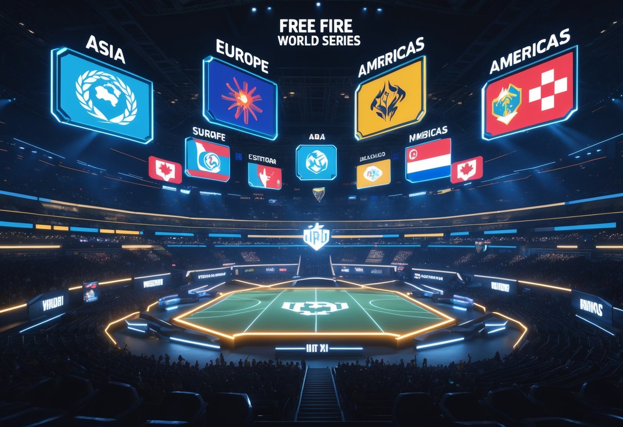 A 3D scene of a large esports stadium with holograms showing different global regions and their leagues connected by glowing lines, surrounded by an excited crowd.