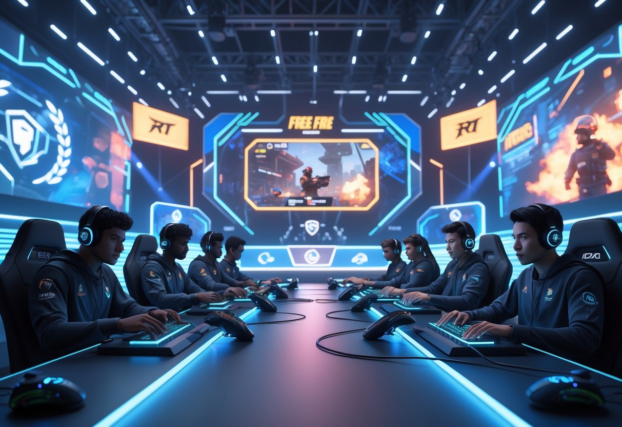 A 3D scene of an esports arena with teams of players competing in a gaming tournament surrounded by digital screens and vibrant lighting.