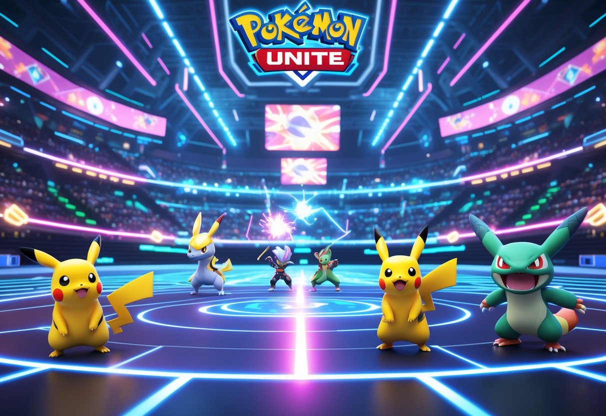 A 3D scene of a Pokémon battle in a futuristic stadium with a cheering crowd and glowing energy effects.