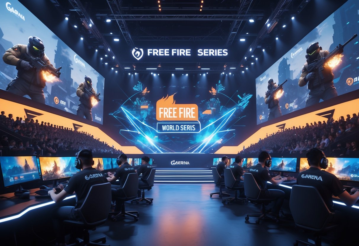 An esports arena filled with fans watching professional players compete in a Free Fire tournament on large screens, with gaming equipment and digital effects highlighting the event.