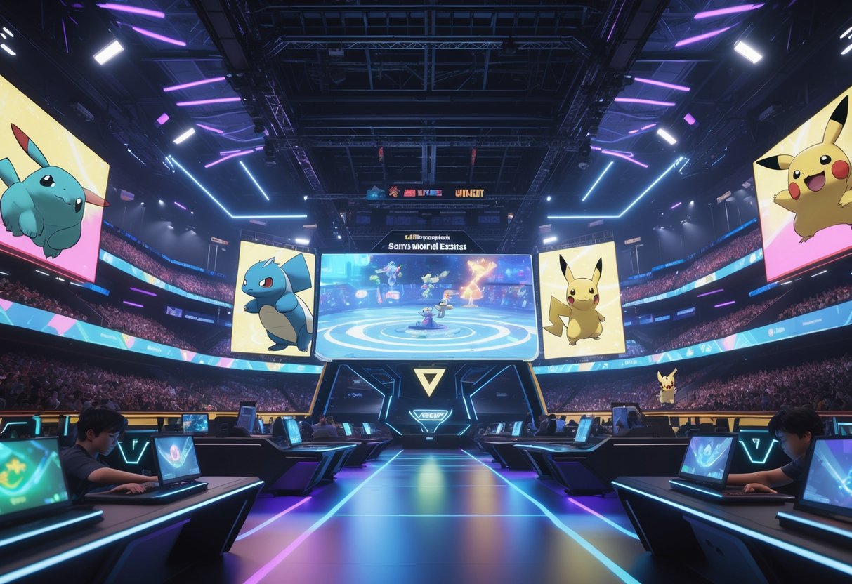 A large esports arena filled with glowing lights and crowds watching a Pokémon battle on a giant screen, with players competing at gaming stations surrounded by holographic images of Pokémon.