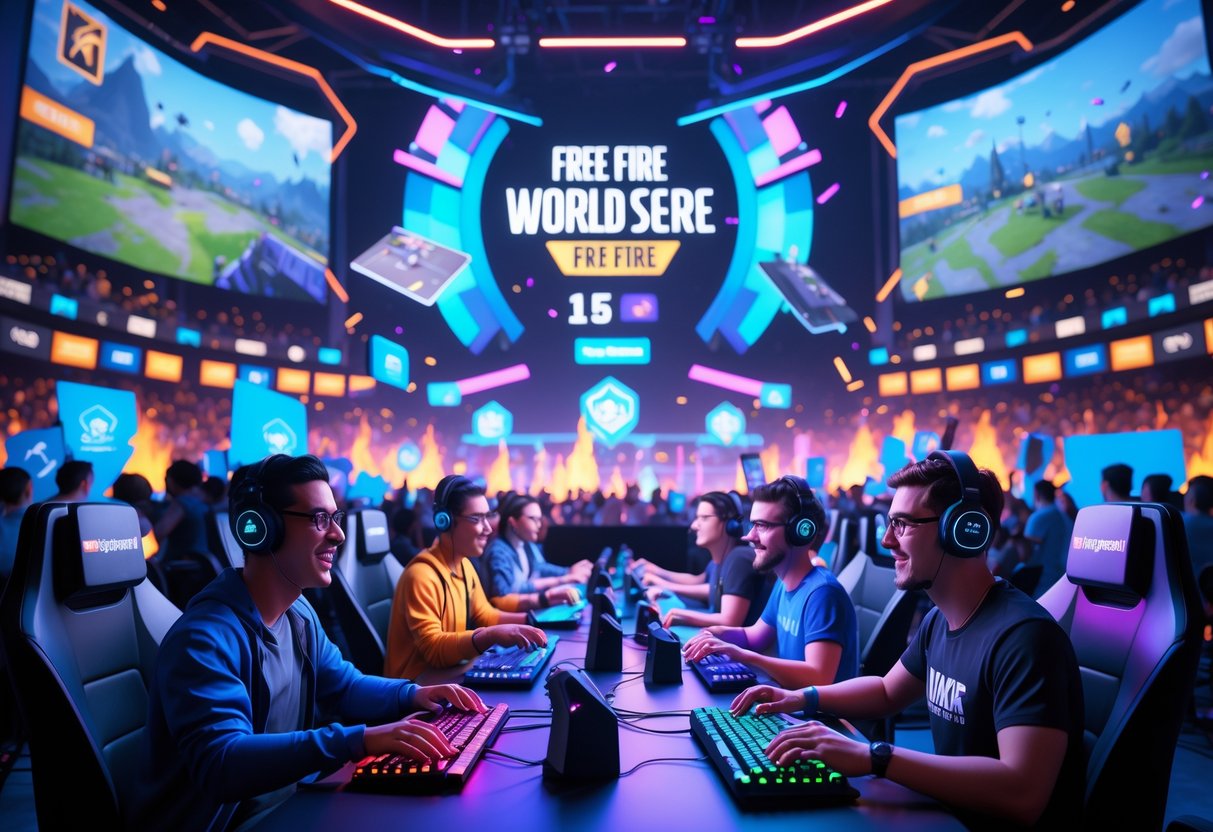 A lively esports arena with players at gaming stations and a cheering crowd watching a battle royale game competition.