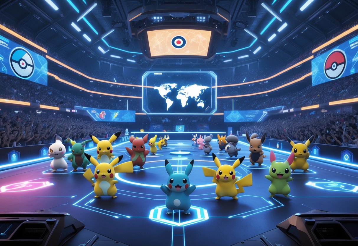 A large stadium filled with crowds watching Pokémon characters from different regions competing in a lively esports championship match.