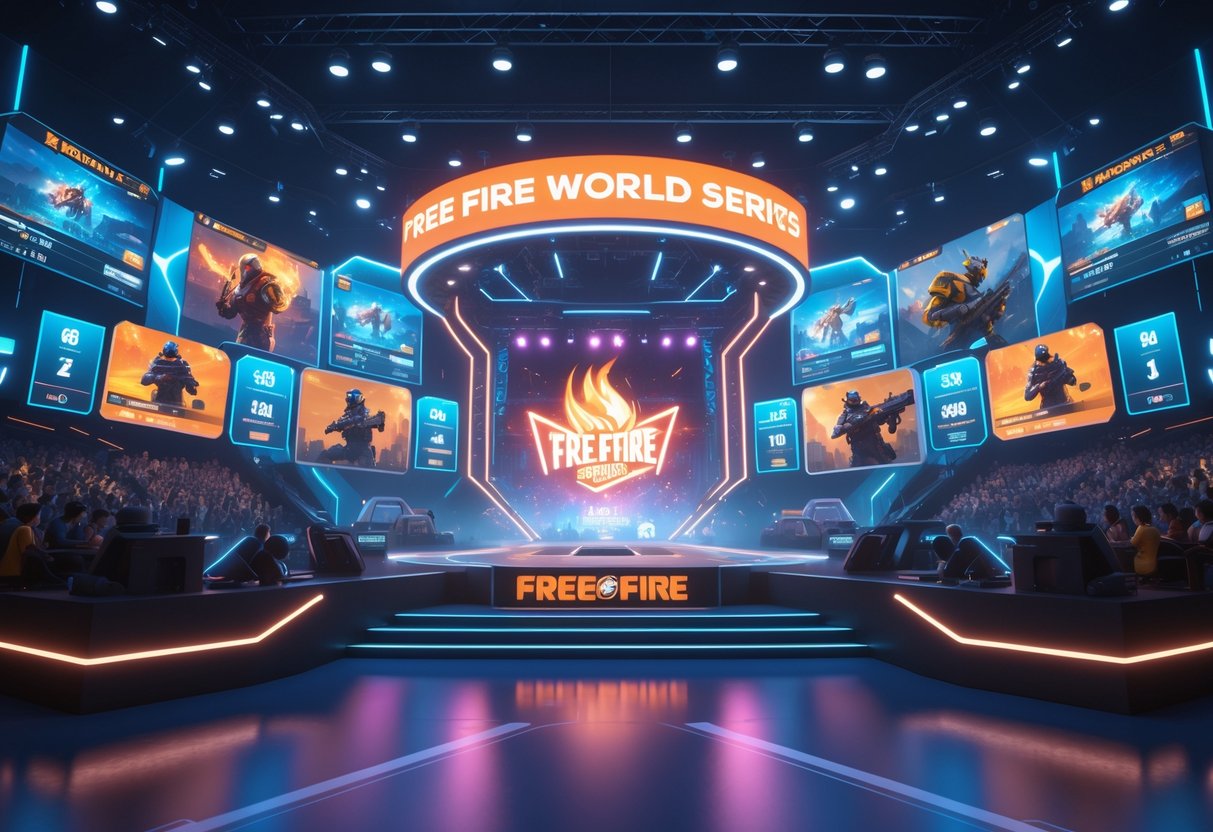 A 3D scene of a futuristic esports arena with a central stage, holographic displays, and virtual crowds watching a competitive gaming event.