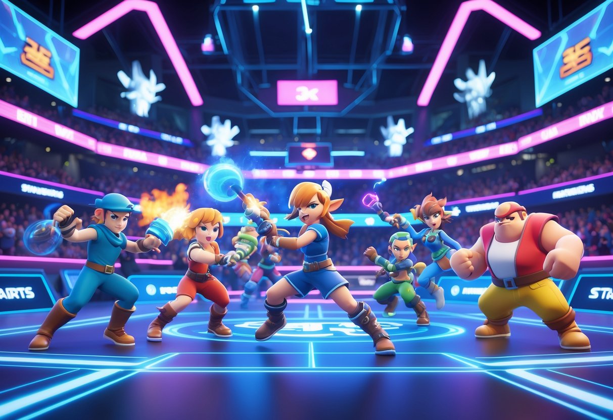 A 3D scene of colourful characters battling in a futuristic gaming arena filled with cheering crowds and bright lights.