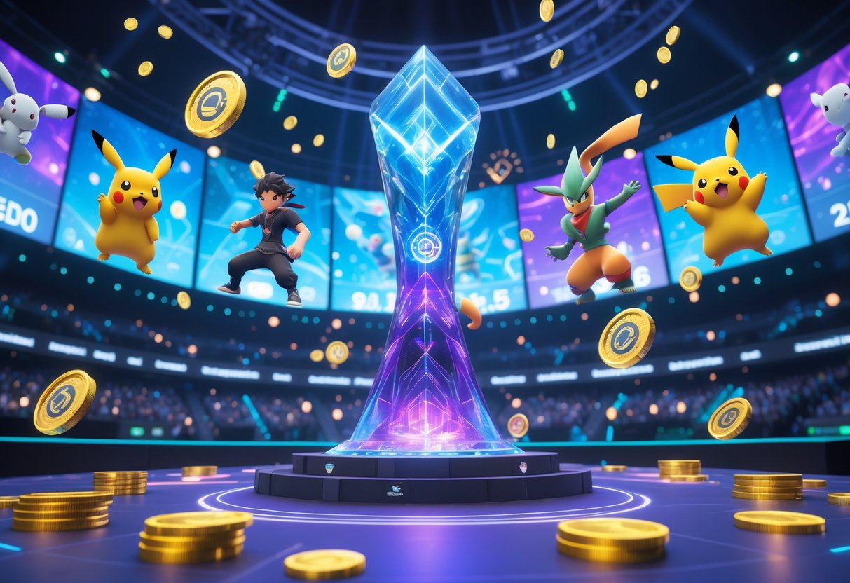 A large esports arena with glowing holograms of Pokémon characters, a shining trophy surrounded by golden coins, and a cheering crowd.