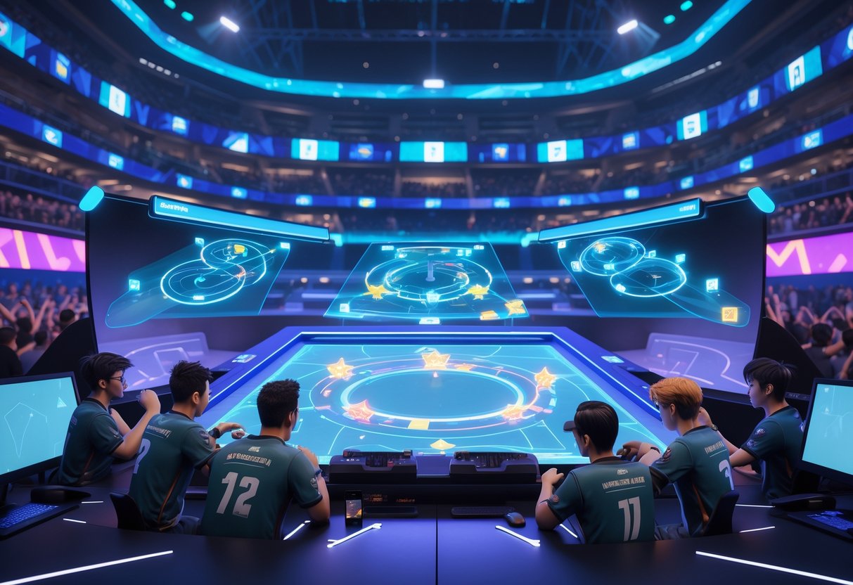 A 3D scene of an esports arena with players studying a holographic map, surrounded by cheering crowds and vibrant lights.