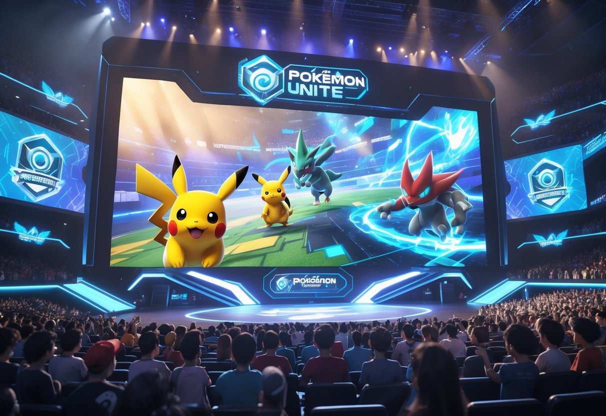 A crowded esports arena with fans watching a large screen showing a Pokémon Unite battle between popular Pokémon characters.
